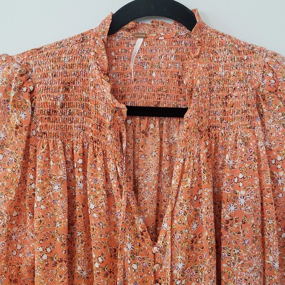 Free People Lela Flowy Boho Top SM Fairy Peasant Sheer Oversized Floral Women‎